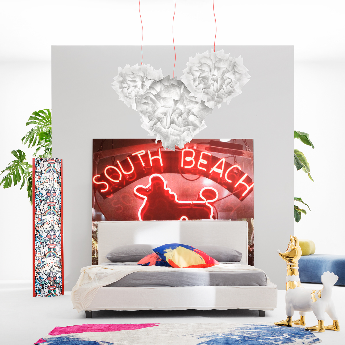 Slamp Veli Couture Suspension, Textilkabel: rot, weiß dekoriert, und Veli Large Couture Suspension, Textilkabel: rot, weiß dekoriert