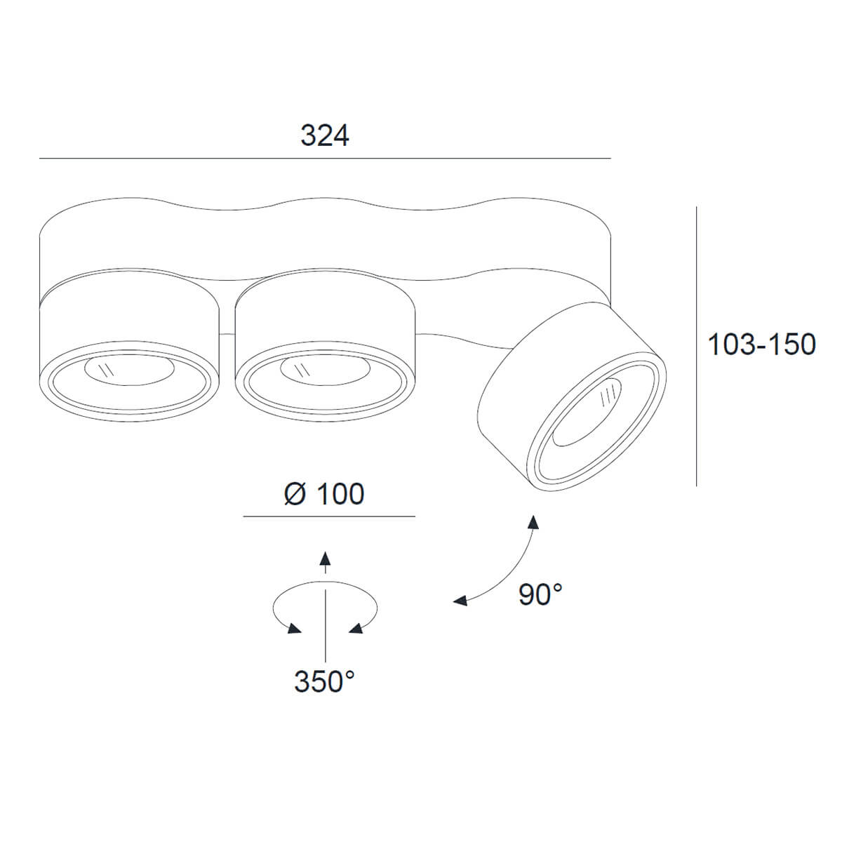Egger Licht DLS Lighting Clippo Trio LED Wand- / Deckenstrahler, Maßzeichnung