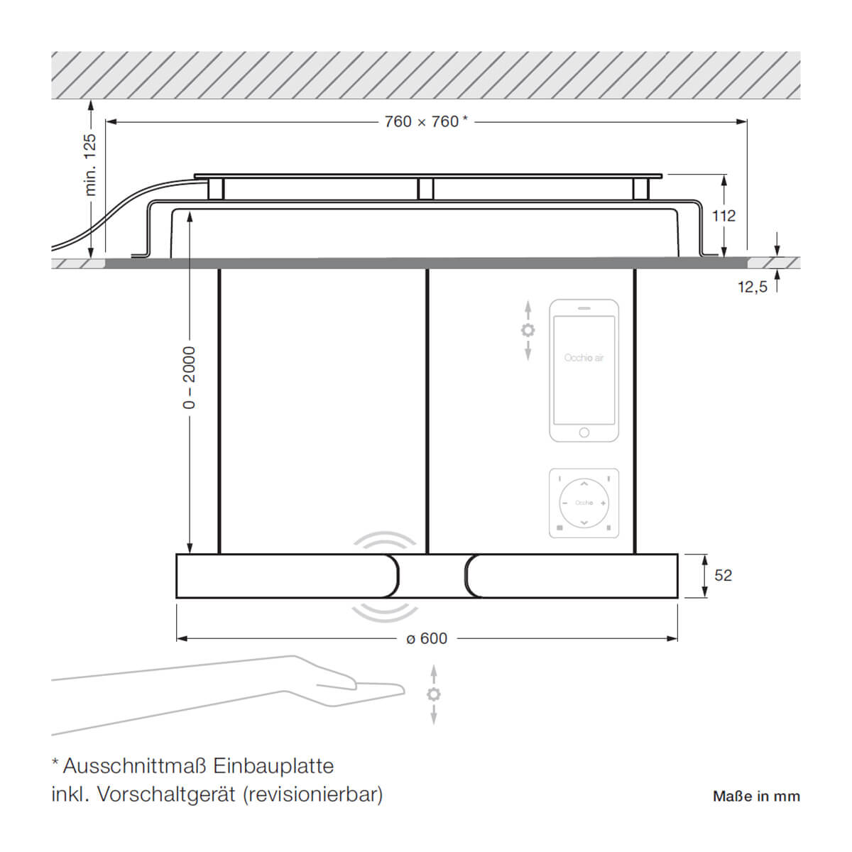 Occhio Mito cosmo 60 move "air" narrow Pendelleuchte, Maßzeichnung