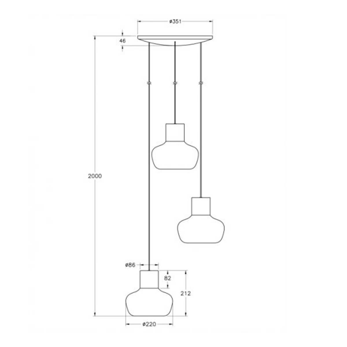 Fabas Luce Kino LED Pendelleuchte, 3-flg., mit Rondell, Maßzeichnung