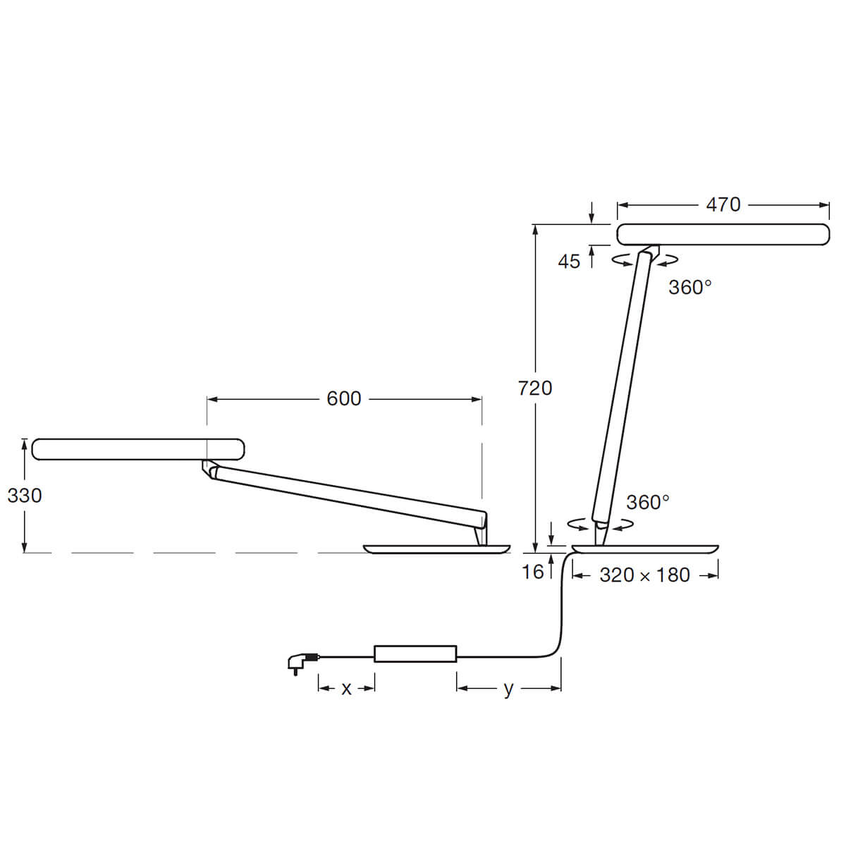Occhio Taglio tavolo Tischleuchte, Maßzeichnung (x = 1 m, y = 2 m, davon 1,5 m aufrollbar)