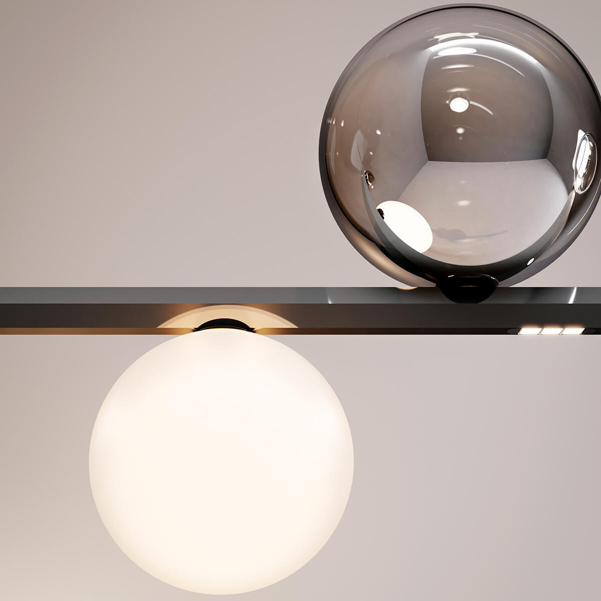 Lodes Random Stick, Detail des seidenweißen und Chrom farbenen Glasschirm (auf Anfrage sind 7 versch. Glasfarben erhältlich)