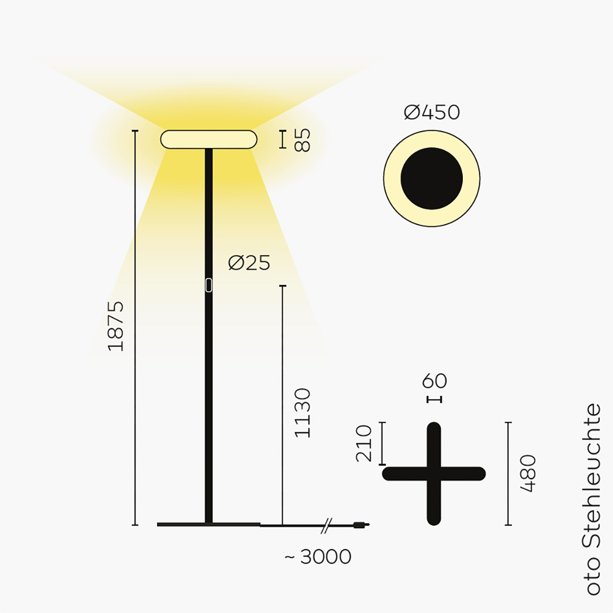 Belux Oto-10 LED Stehleuchte, Multisens, Maßzeichnung