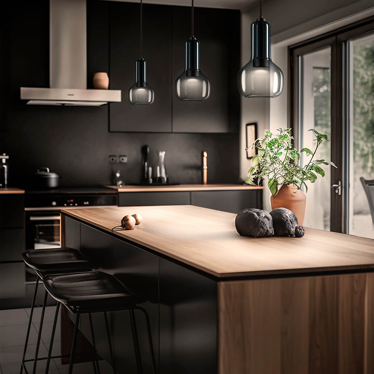 Bruck All-In Booh Pendel, Ø: 17,3 cm, Glas liquid grey (kühles grau), die Abbildung zeigt 3 x das Pendel an einer All-In Schiene