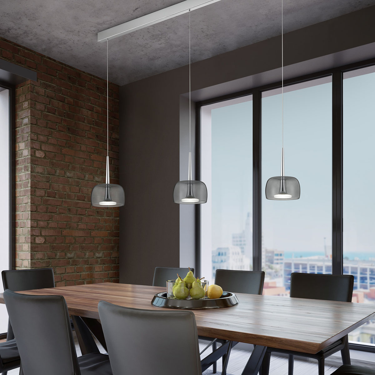 Helestra Flute LED Pendelleuchte, 3-flg., Chrom, Glasschirme: grau