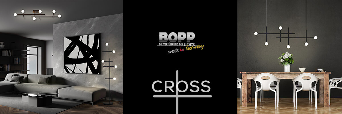 Bopp Cross Leuchtenserie mit Deckenleuchte, Pendelleuchte und Stehleuchte für Wohn- und Esszimmer