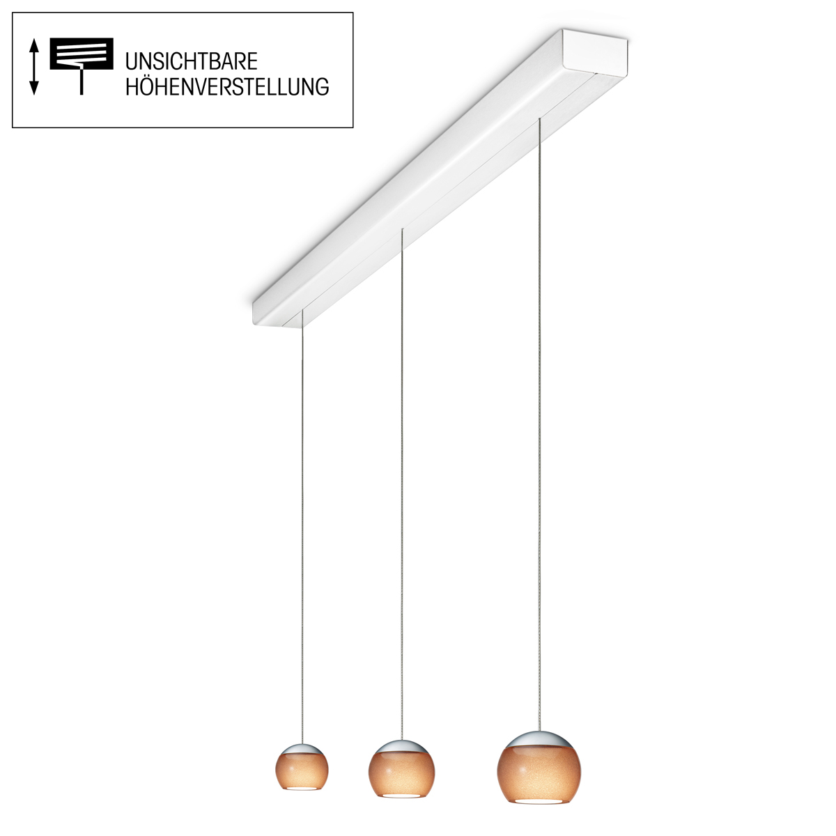 Oligo Balino LED Pendelleuchte, 3-flg., unsichtbare Höhenverstellung, Baldachin: weiß matt, Chrom matt / braun glänzend