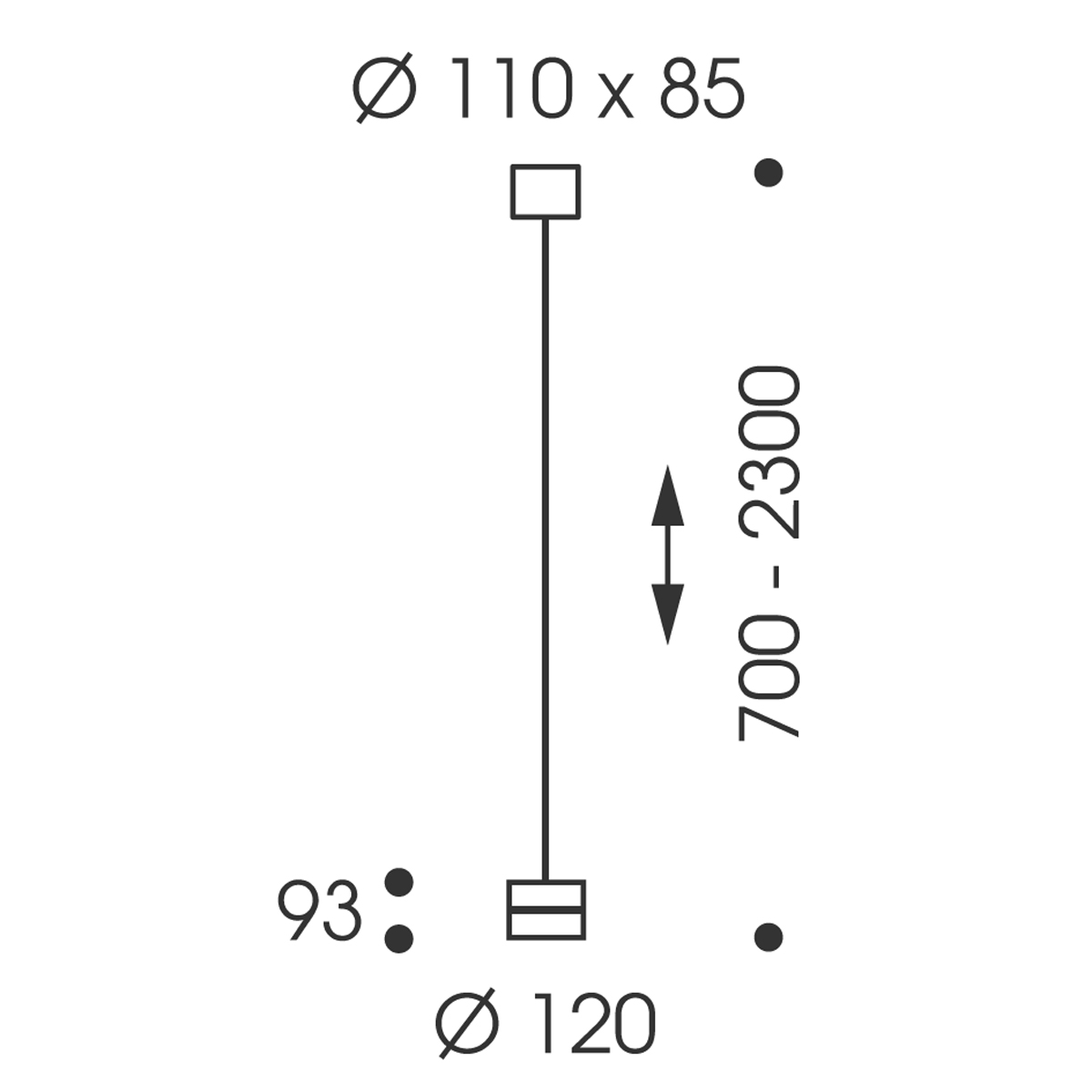 Oligo Tudor S LED Pendelleuchte, TW, unsichtbare Höhenverstellung, Maßzeichnung