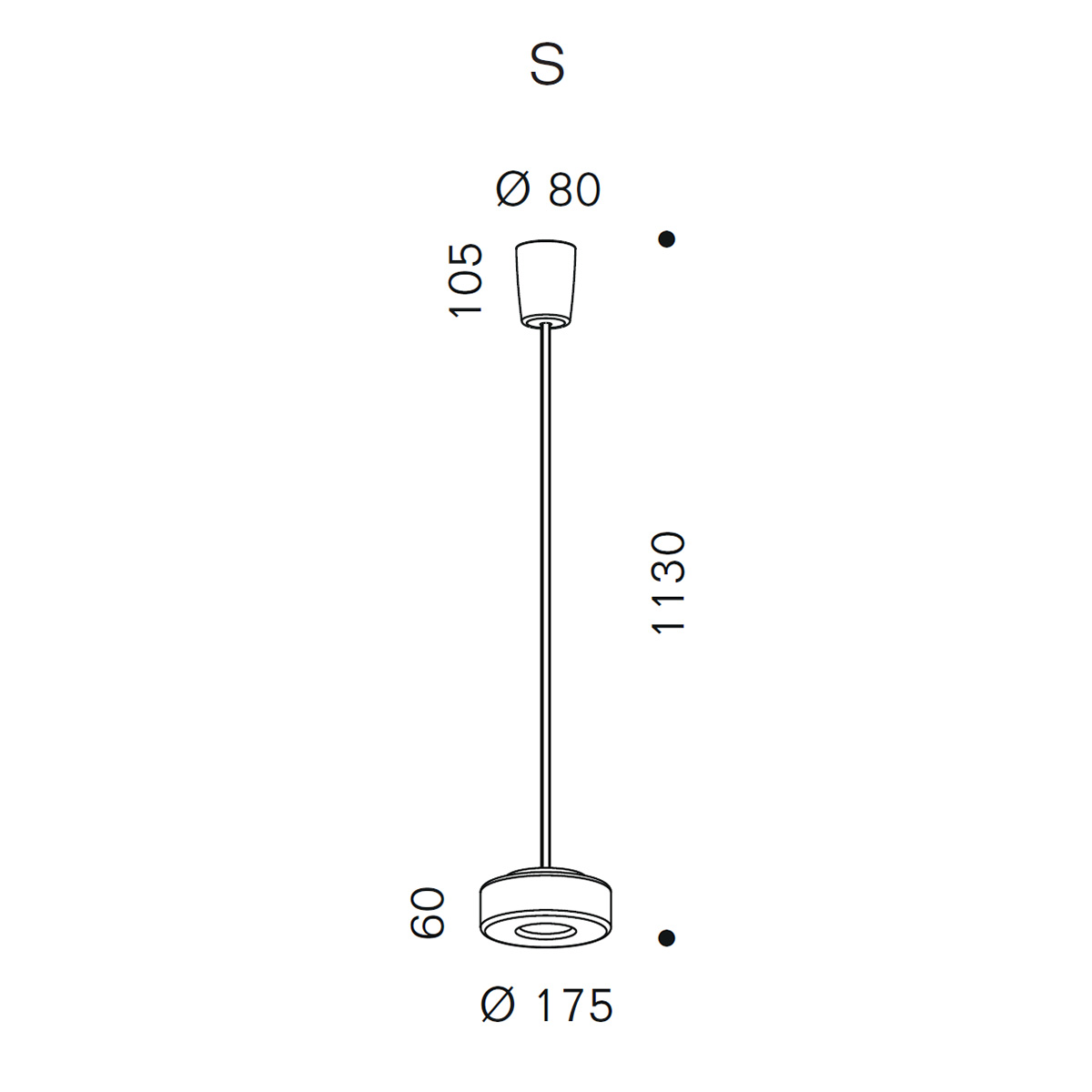 Serien.lighting Curling Suspension Tube S LED Pendelleuchte, Glasschirm, Maßzeichnung