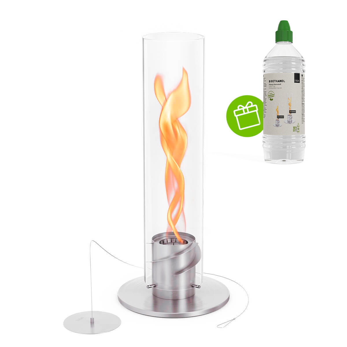 Höfats Spin 1200 Tischfeuer & Windlicht, inkl. Bioethanol Flüssig-Brennstoff, Silber (angezündet)