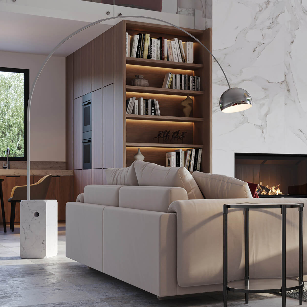 Flos Arco Bogenleuchte, Edelstahl, Sockel: Marmor