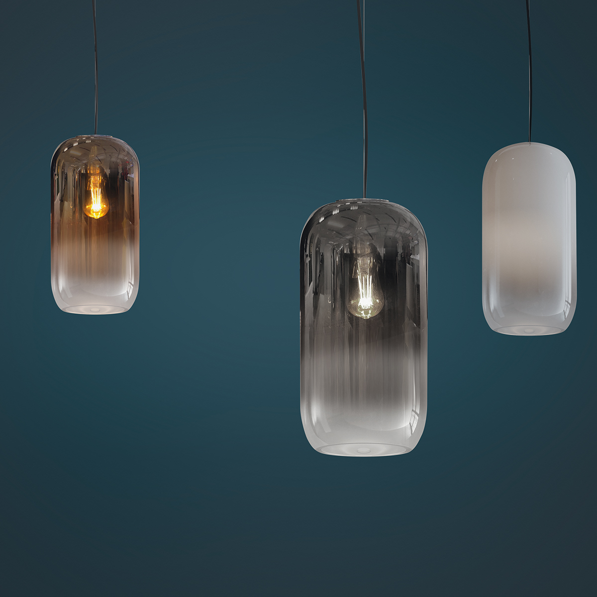 Artemide Design Gople Lamp Mini Sospensione, kupferfarben und weiß, sowie Gople Lamp Sospensione, Silber