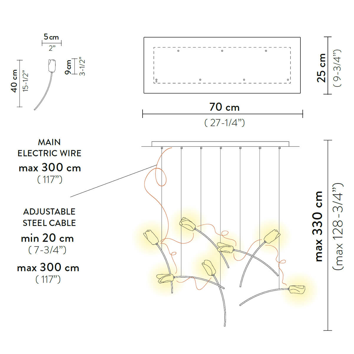 Slamp Tulip 7 Linear LED Suspension, Maßzeichnung