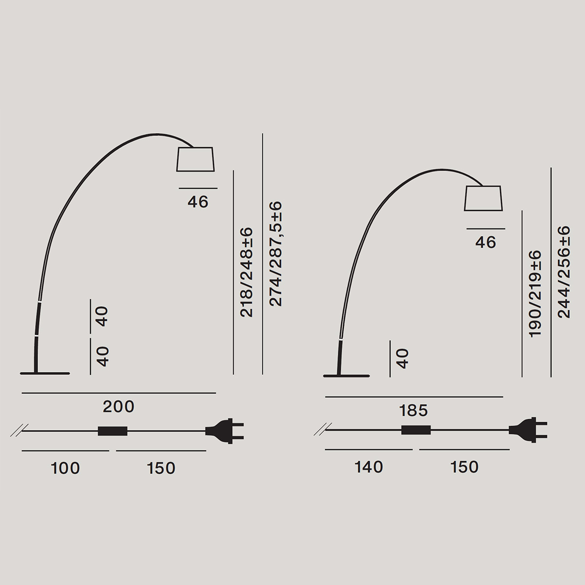 Foscarini Twiggy MyLight LED Terra, Foscarini Twiggy Terra, mit ein oder zwei Verlängerungsarmen (40 cm + 40 cm), Maßzeichnung
