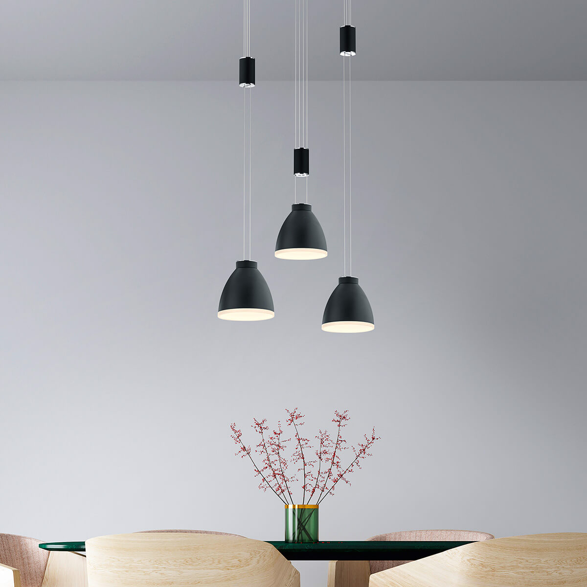 HELL Leni LED Pendelleuchte, 3-flg., mit Rondell, schwarz