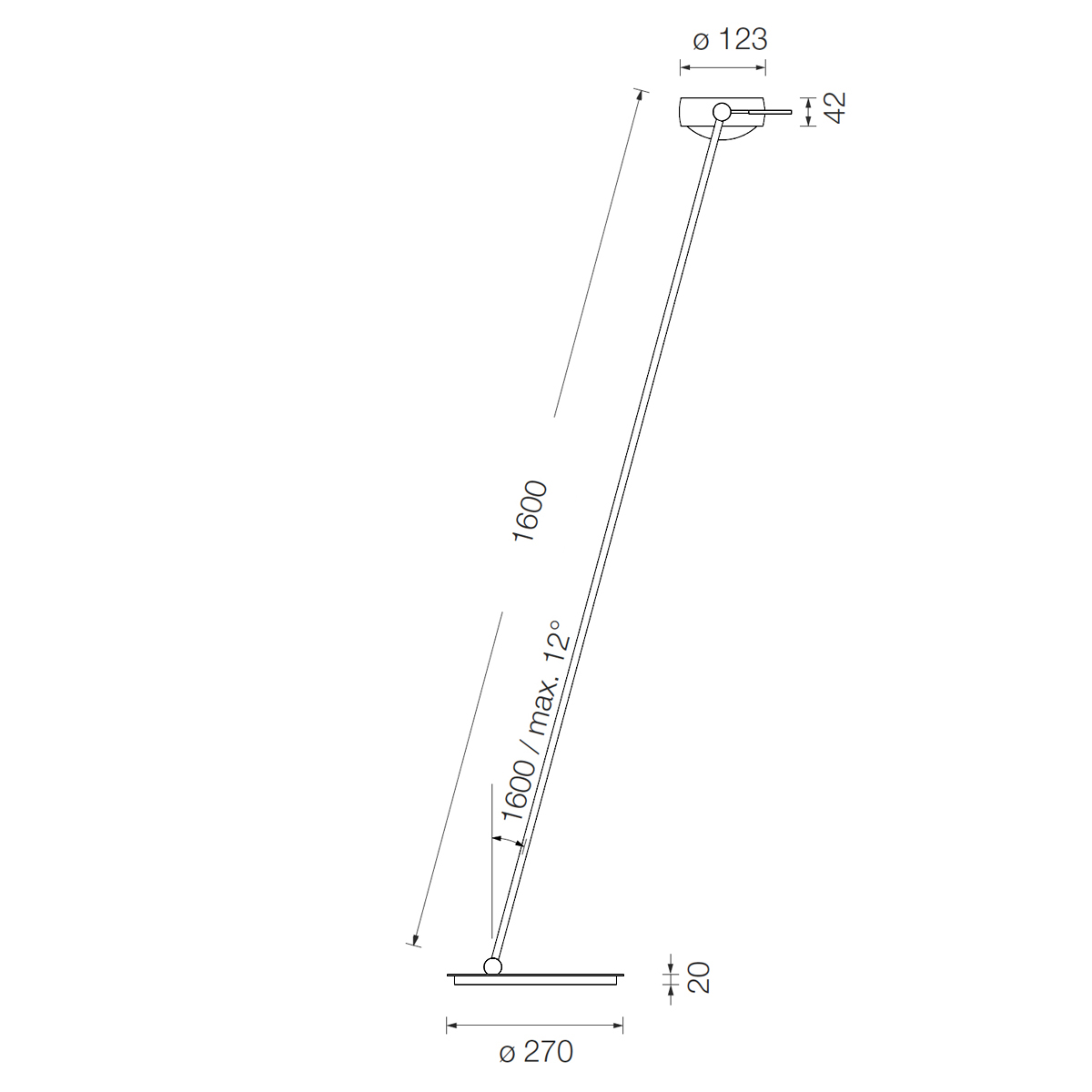 Occhio Sento C lettura LED Leseleuchte, 160 cm, 2700 K, Maßzeichnung