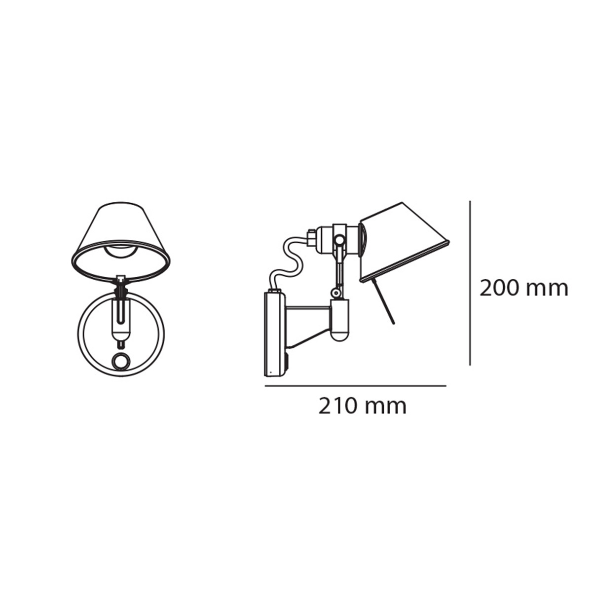 Artemide Tolomeo Micro Faretto, die Maßzeichnung zeigt die Leuchte mit Schalter