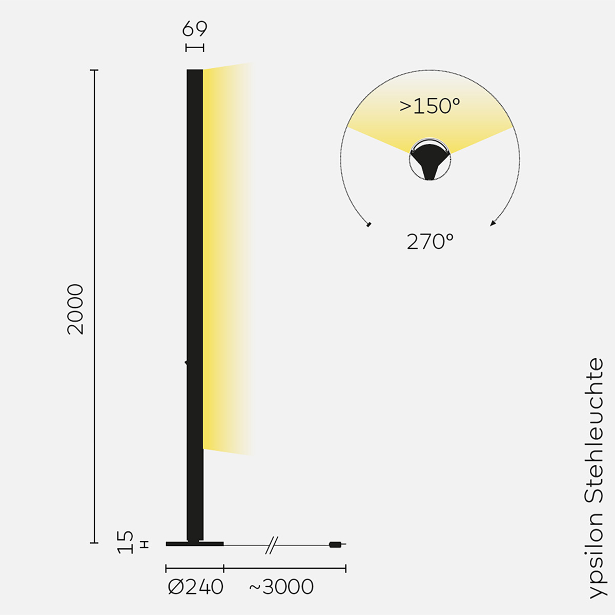 Belux Ypsilon LED Stehleuchte, Maßzeichnung