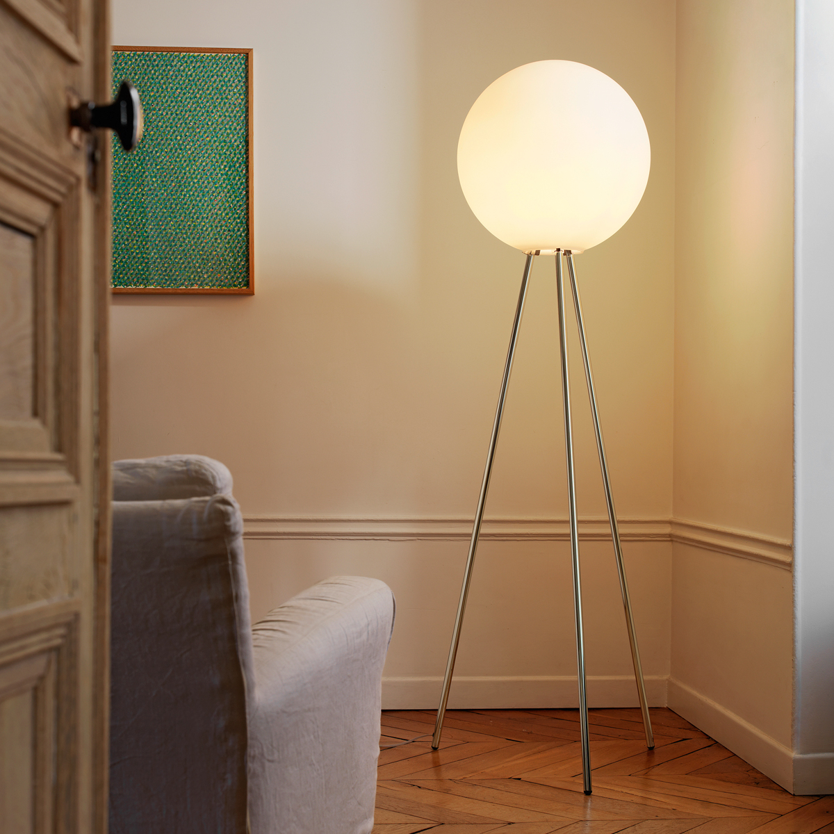 Fontana Arte Prima Signora Stehleuchte, Chrom, Schirm: Opalglas