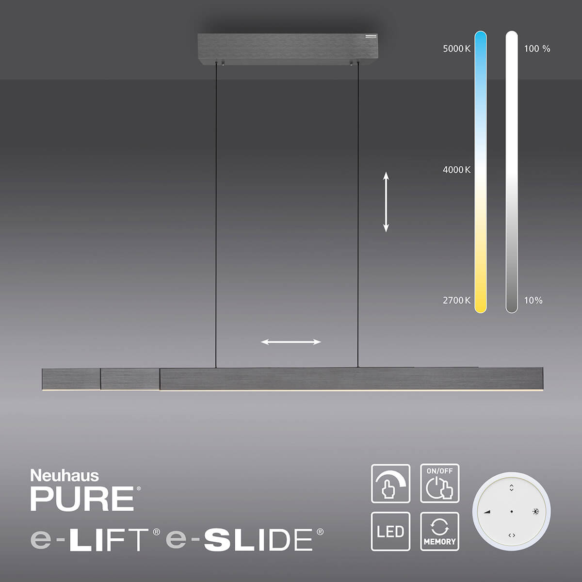 Neuhaus PURE Moto-Rise LED Pendelleuchte, dunkelgrau (elektrisch verstellbar, CCT-Lichtsteuerung)