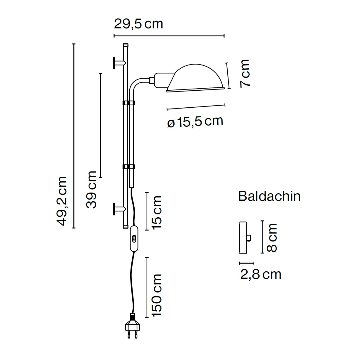 Marset Funiculí A Wandleuchte, Maßzeichnung