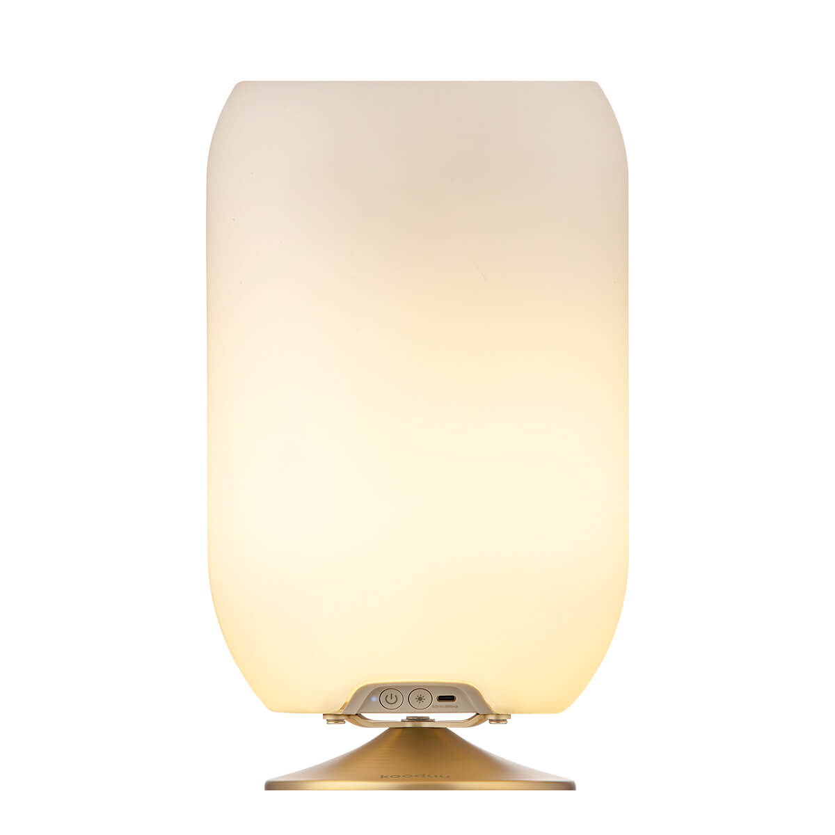 Kooduu Atmos LED Akkuleuchte, Bluetooth Lautsprecher & Weinkühler, Messing, Vorderseite (eingeschaltet)