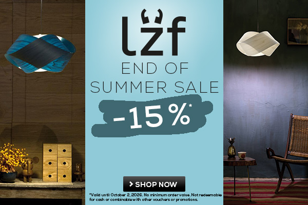 LZF Lamps End of Summer Sale with 15 percent discount on designer wooden lights and pendant lights