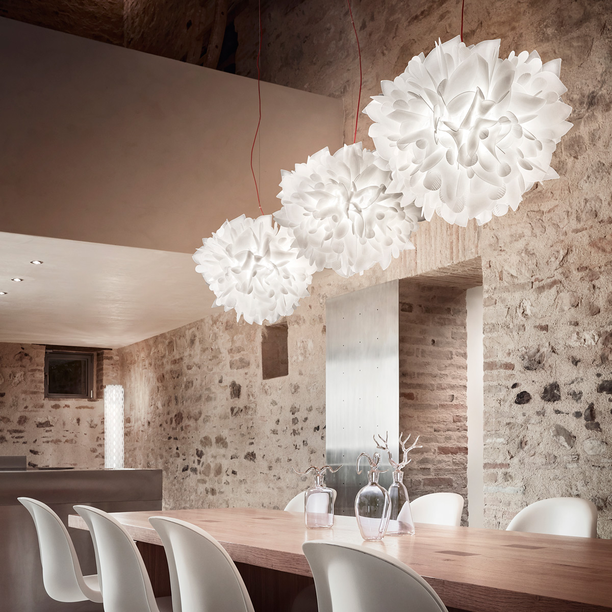 Slamp Veli Foliage Suspension, Textilkabel: rot, weiß gemustert