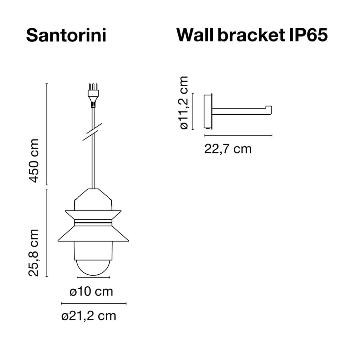Marset Santorini Wandleuchte mit Wandhaken und Anschluss IP65, Maßzeichnung