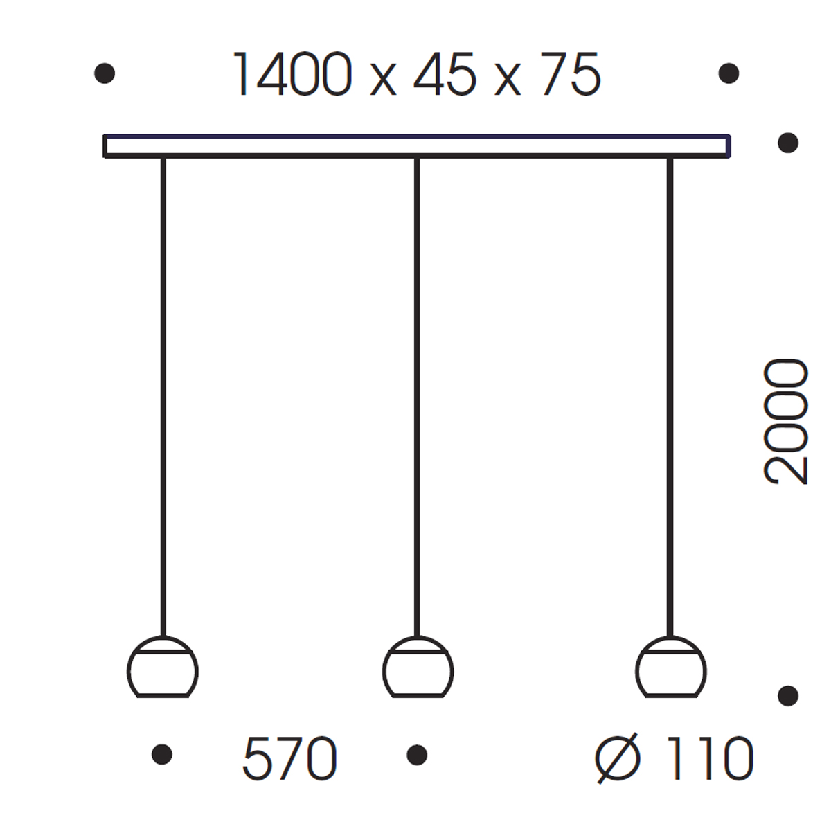 Oligo Balino LED Pendelleuchte, 3-flg., Maßzeichnung