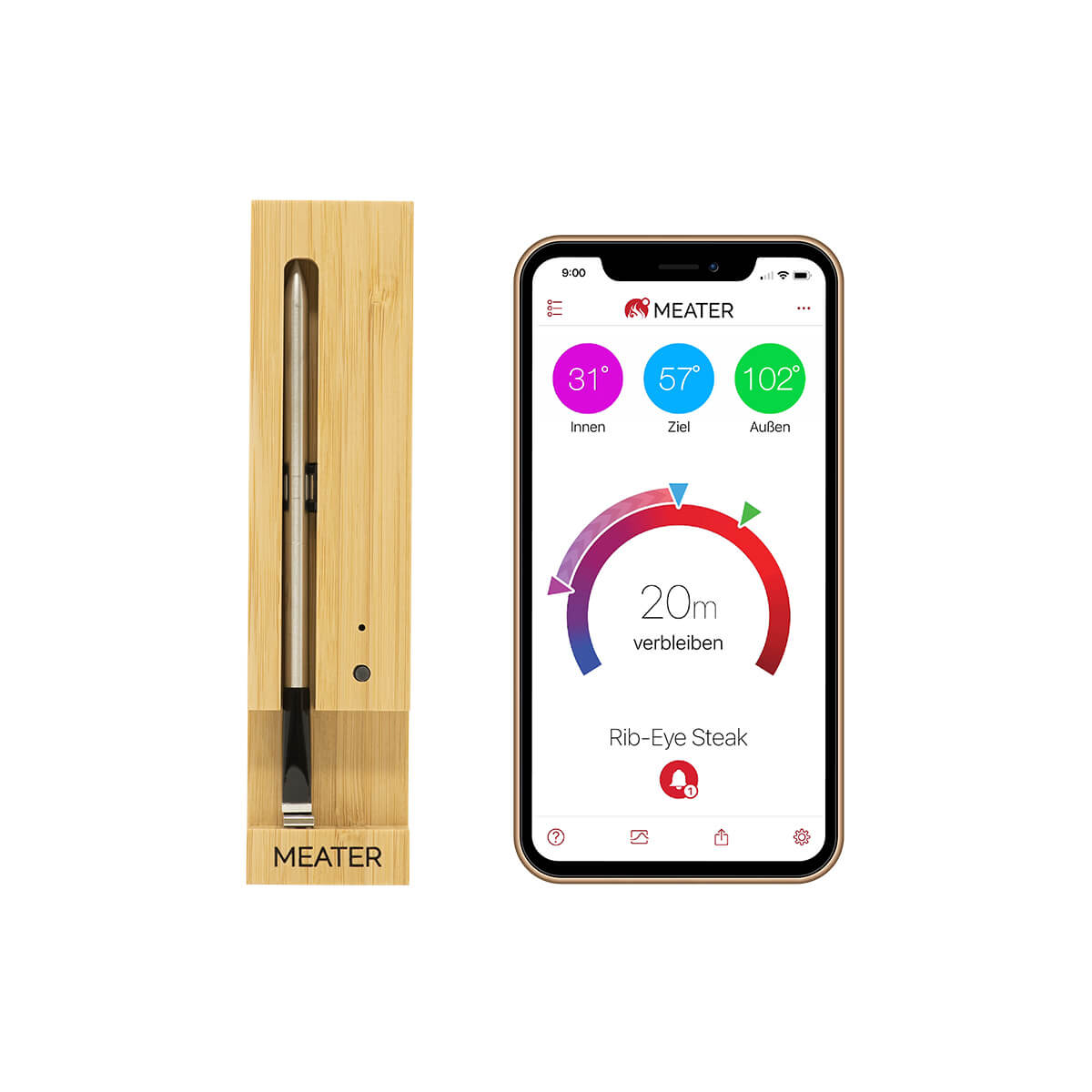 Meater MEATER Plus Bluetooth Fleischthermometer, max. 50 m kabellose Reichweite, Bedienung via Meater App
