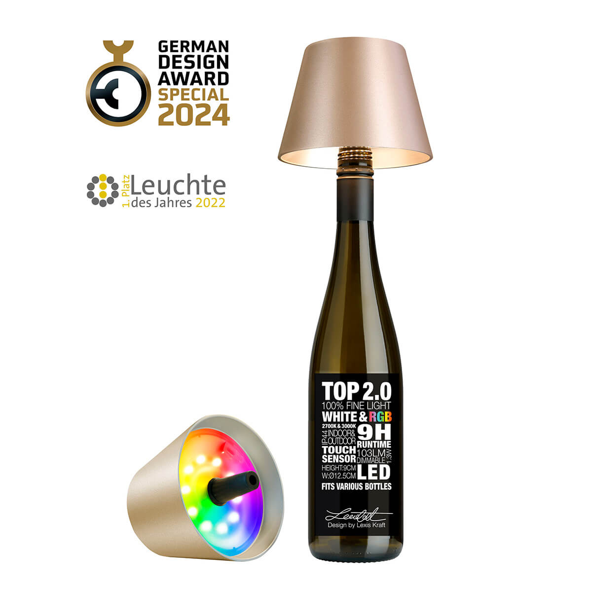 Sompex Top 2.0 RGB LED Akkuleuchte & Flaschenaufsatz, champagner (Flasche nicht inbegriffen zu sehen sind zwei Akkuleuchten)