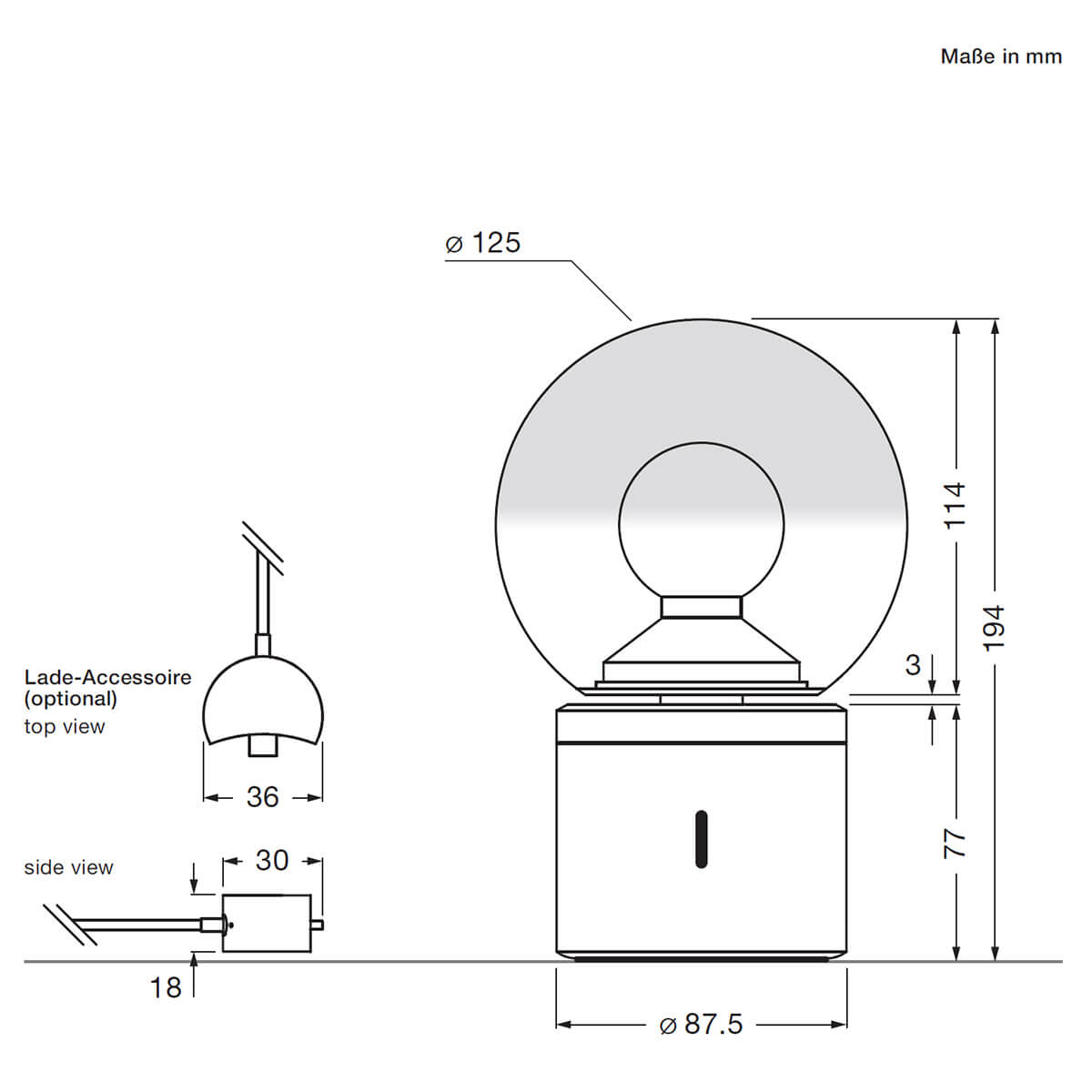 Occhio Luna pura LED Akkuleuchte, Maßzeichnung