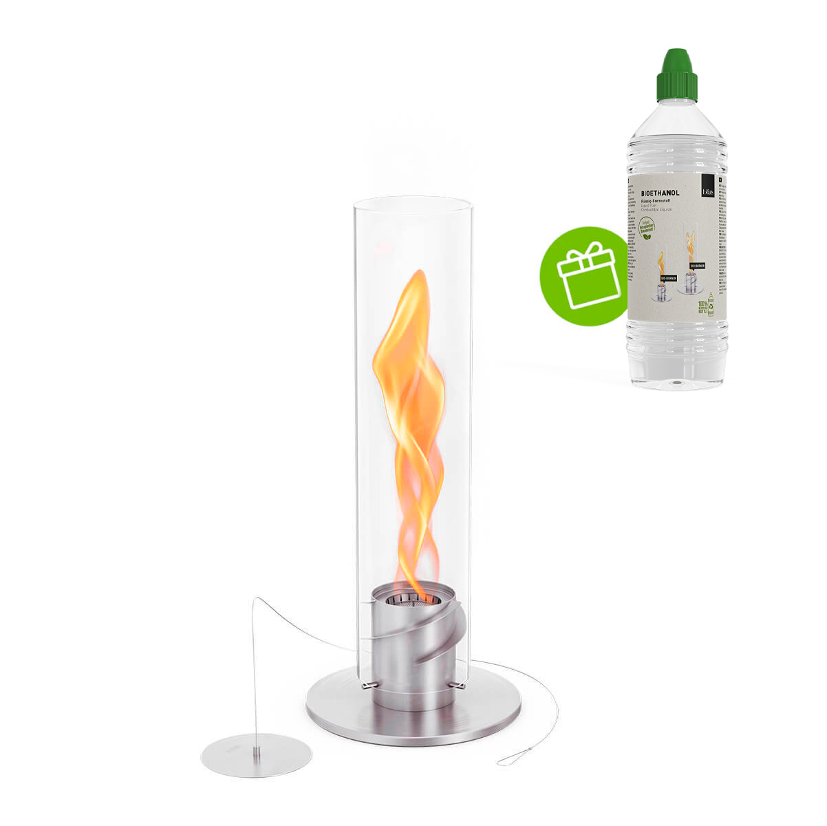 Höfats Spin 900 Tischfeuer & Windlicht, Silber (angezündet)