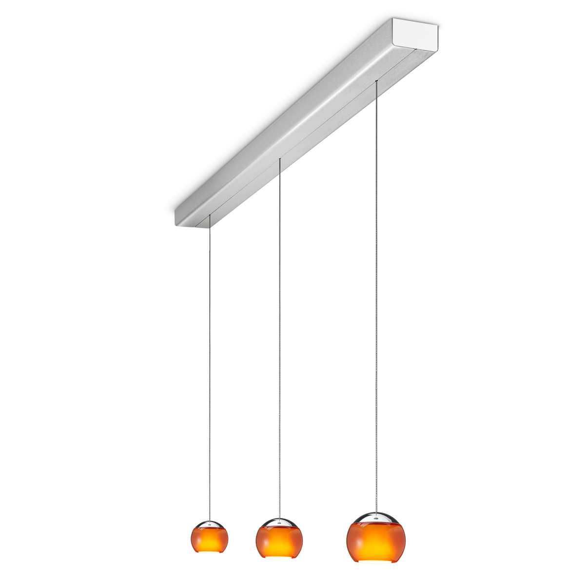 Oligo Balino LED Pendelleuchte, 3-flg., unsichtbare Höhenverstellung, Baldachin: Alu gebürstet, Chrom / orange glänzend
