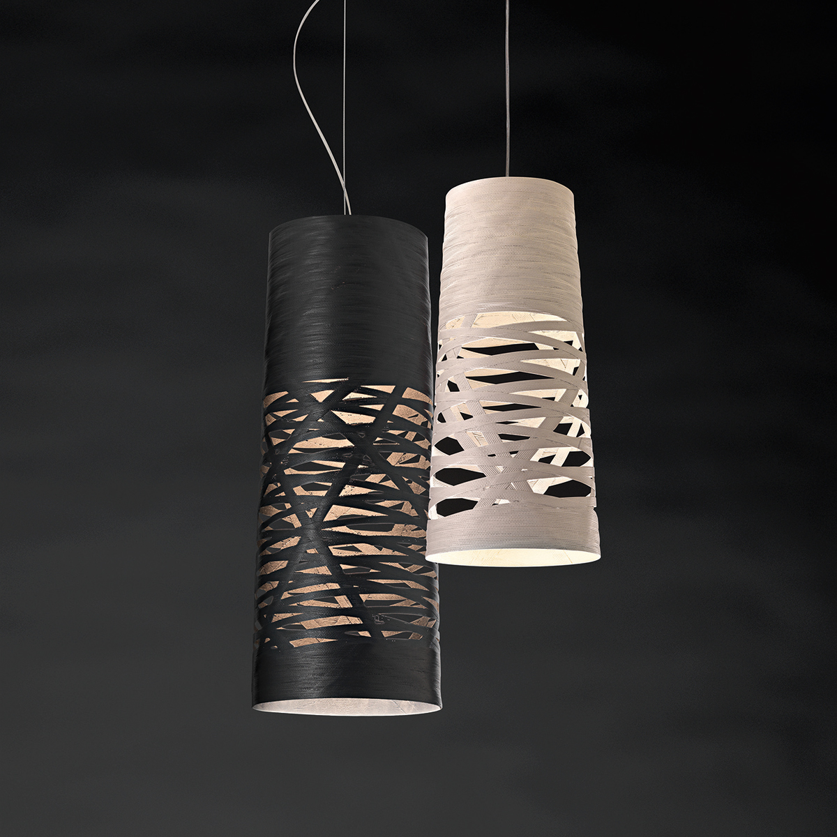 Foscarini Tress Piccola Sospensione, nero (schwarz), und Foscarini Tress Mini Sospensione, greige (graubeige)