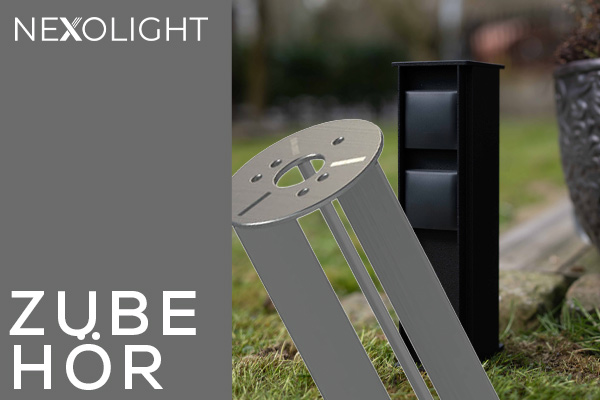 Nexolight accessories with ground spike and mounting elements for outdoor lights in the garden