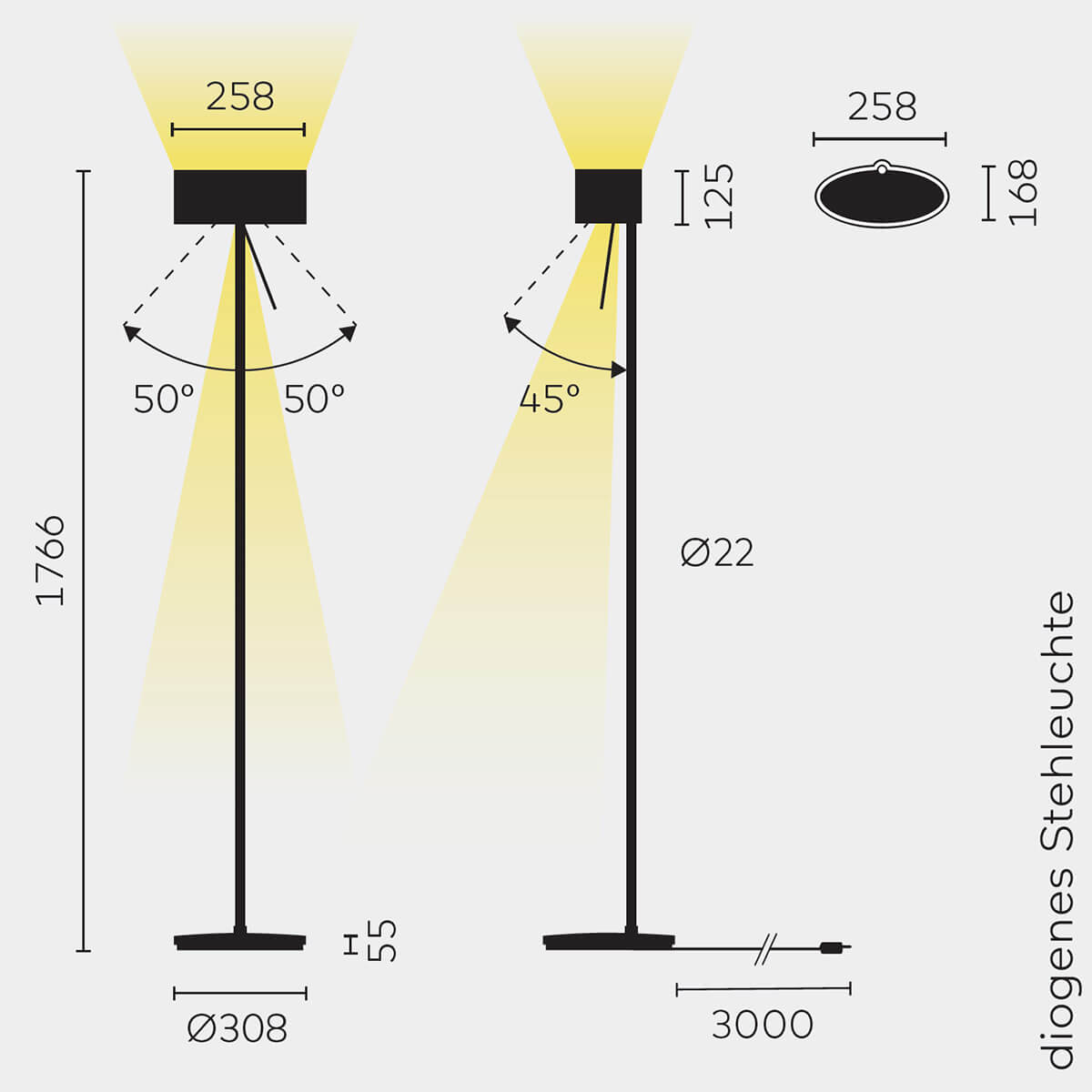 Belux Diogenes LED Stehleuchte, Maßzeichnung