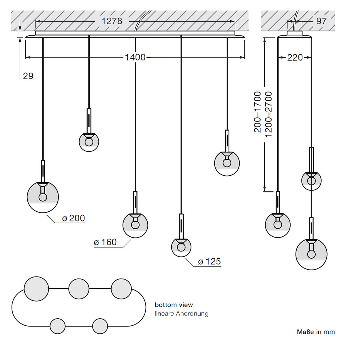 Occhio Luna sospeso cloud 5 L fix LED Pendelleuchte, Maßzeichnung