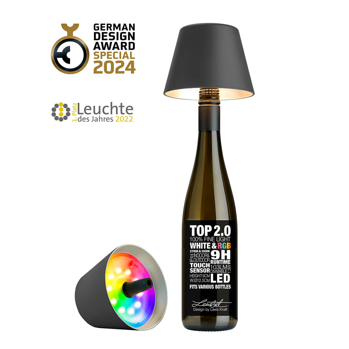 Sompex Top 2.0 RGB LED Akkuleuchte & Flaschenaufsatz, schwarz