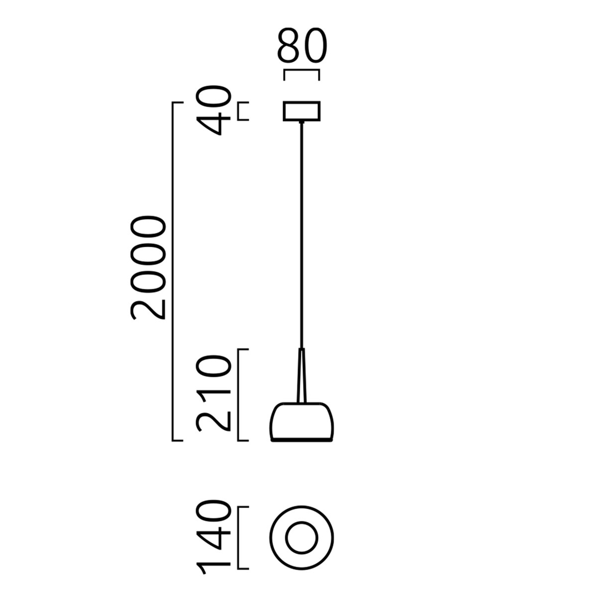Helestra Flute LED Pendelleuchte, mit Glasschirm, Maßzeichnung