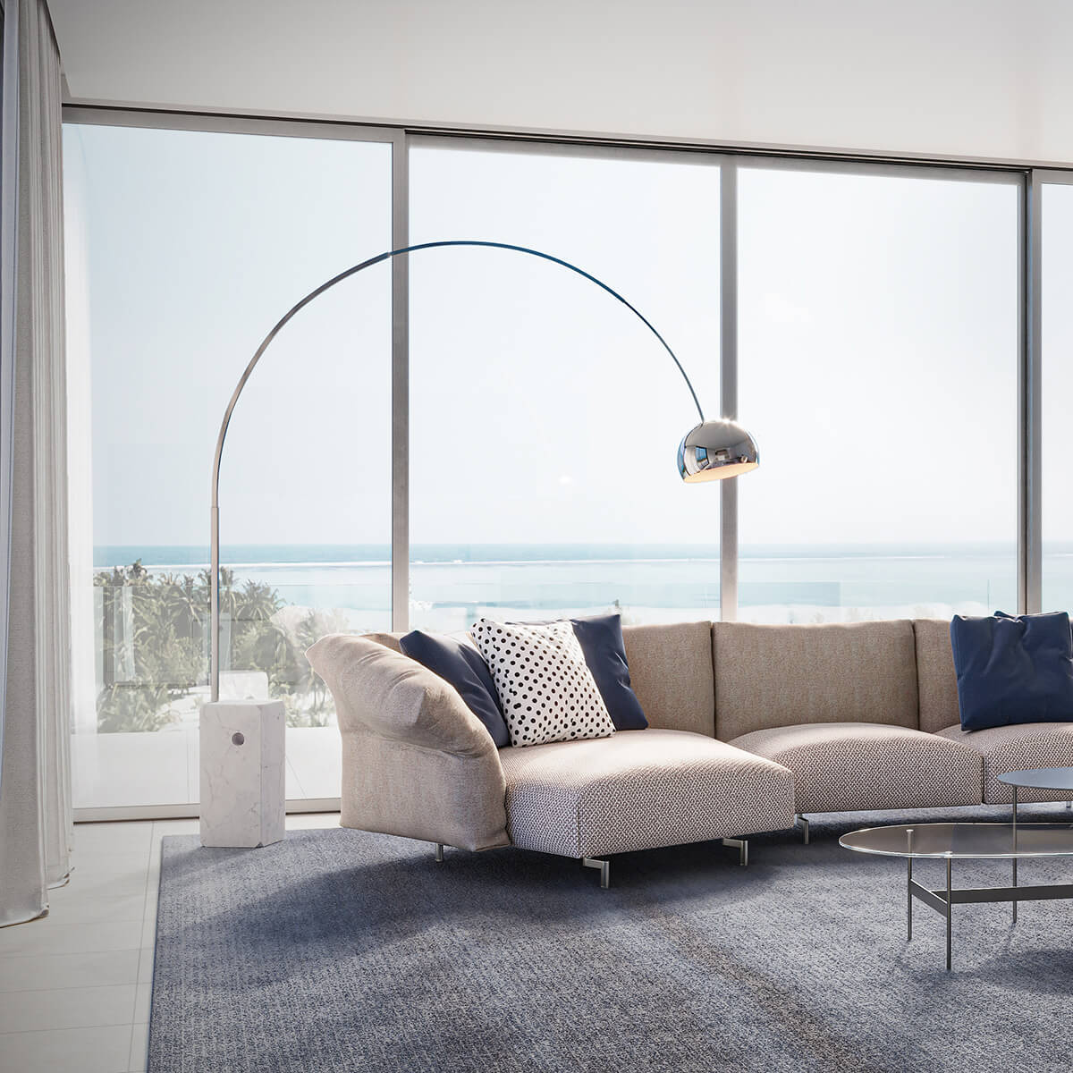 Flos Arco Bogenleuchte, Edelstahl, Sockel: Marmor