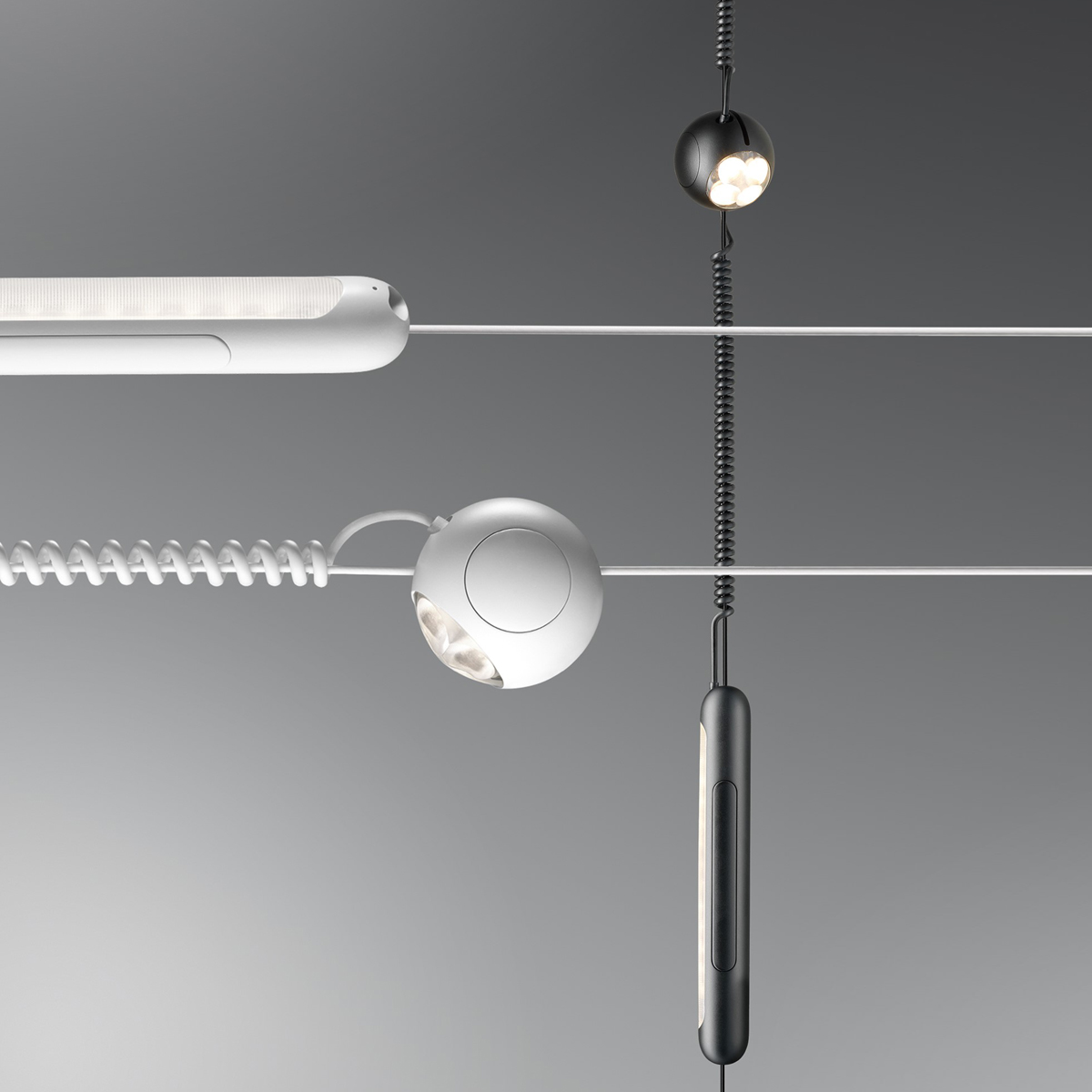 Belux Hello Connect Spiralkabel, weiß und schwarz, in Kombination mit Spannseilen, Hello Spot und Hello Flood