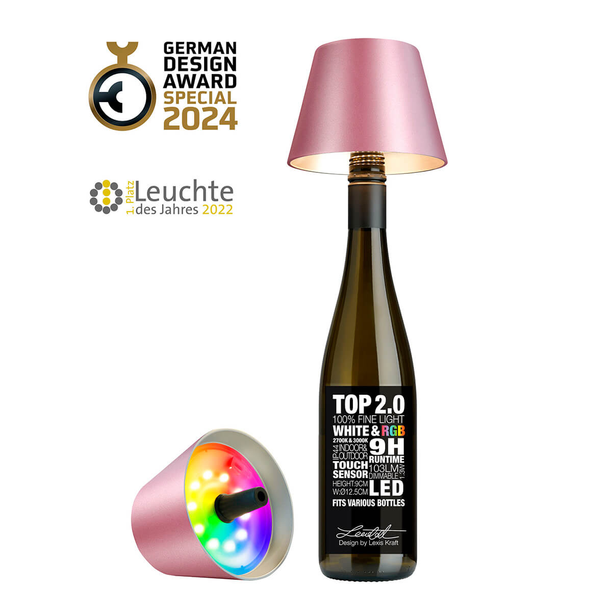 Sompex Top 2.0 RGB LED Akkuleuchte & Flaschenaufsatz, pink metallic (Flasche nicht inbegriffen zu sehen sind zwei Akkuleuchten)