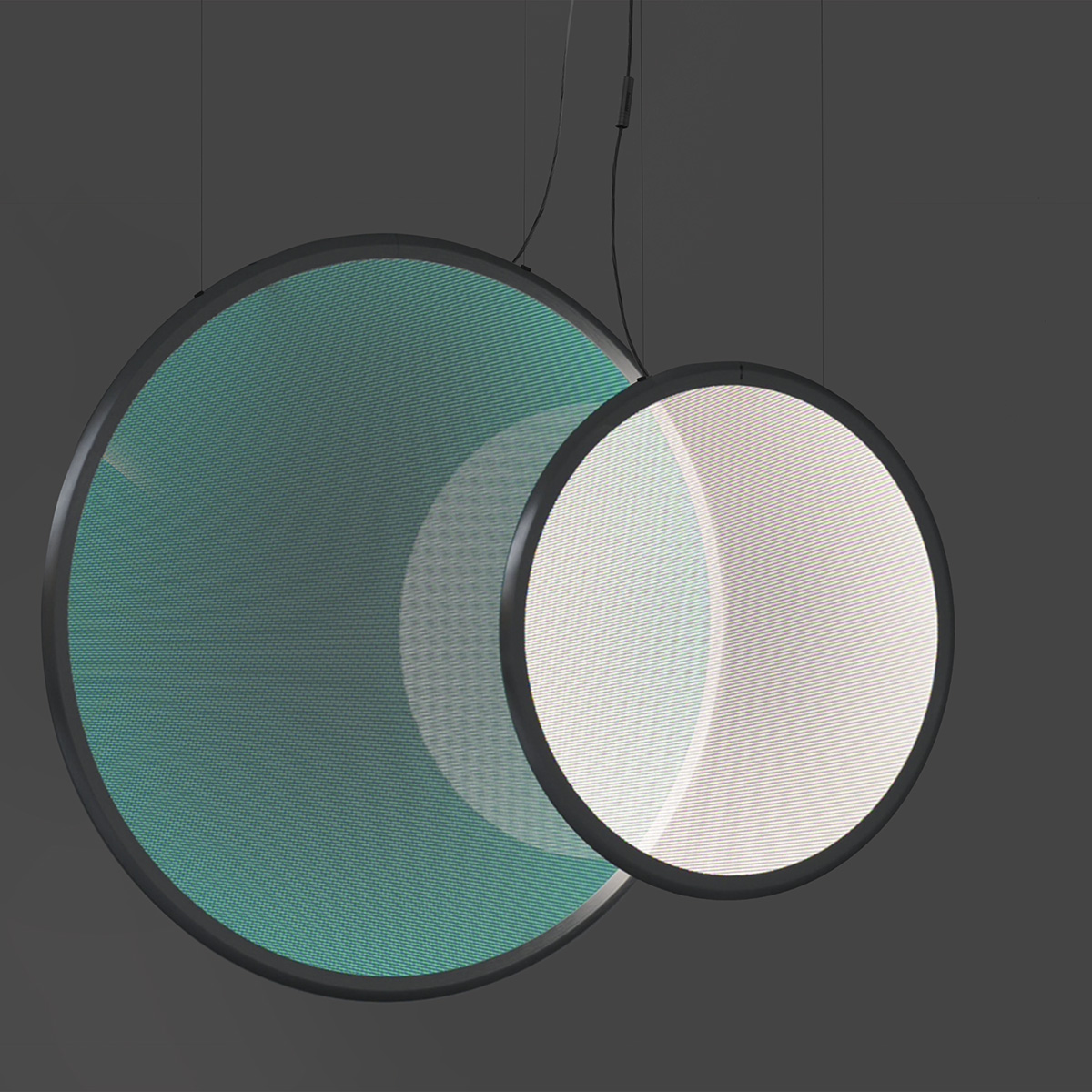 Artemide Discovery Vertical 100 und 70 RGBW LED Sospensione, Aluminium satiniert (Lichtfarbe türkis und weiß)