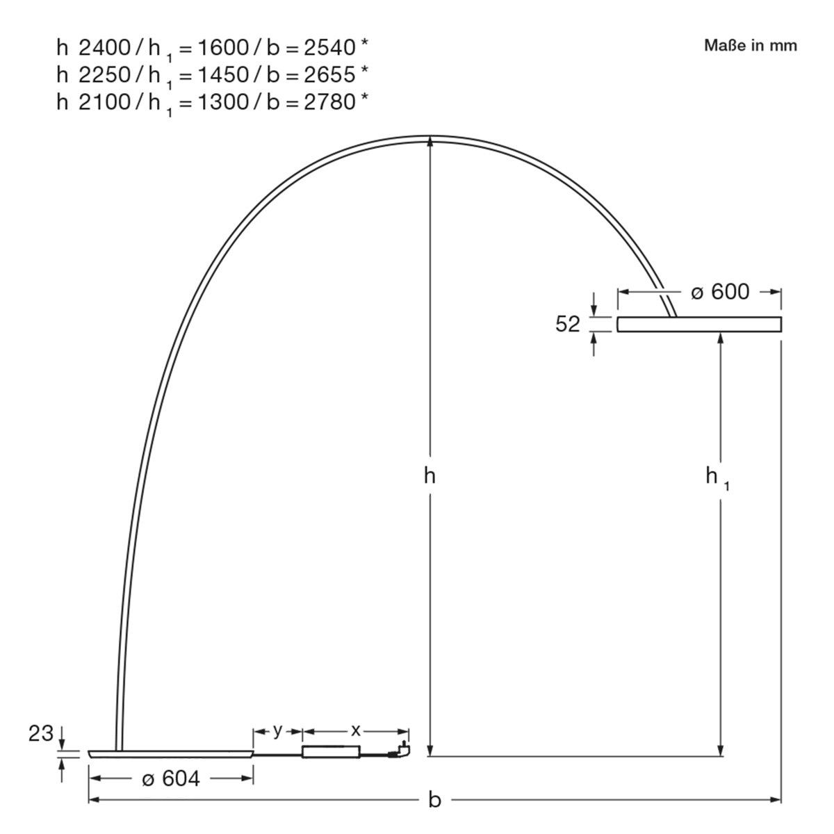 Occhio Mito largo lusso Bogenleuchte, Kabellänge x = 1 Meter, y = 2 Meter (1,5 m aufrollbar)