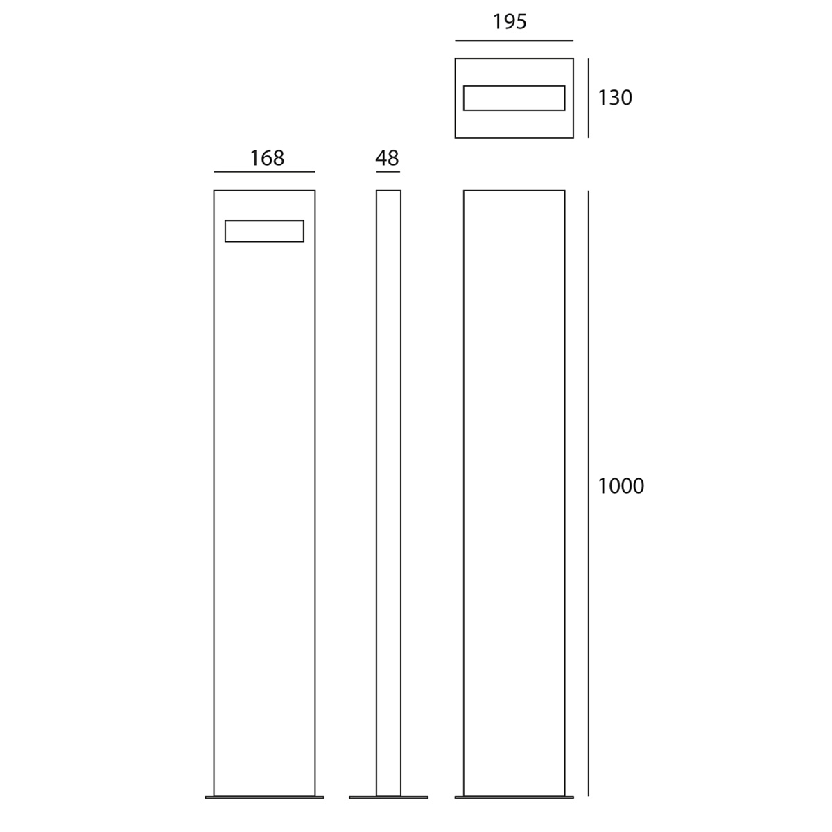 Artemide Outdoor Nuda LED Pollerleuchte, einseitiger Lichtaustritt, Höhe: 100 cm, Maßzeichnung