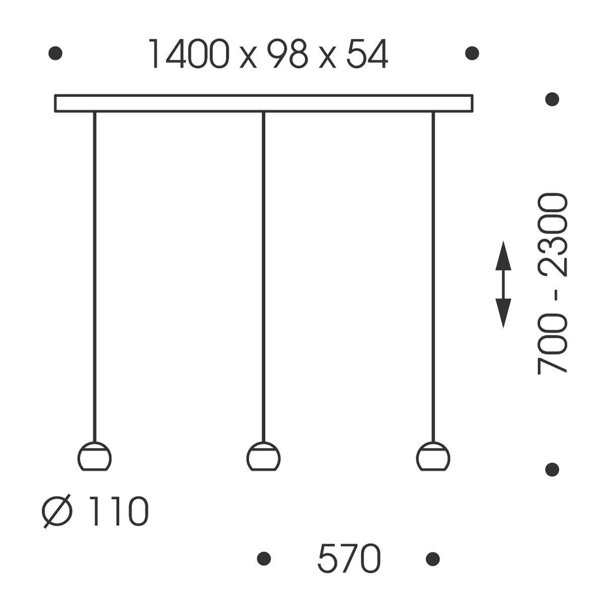 Oligo Balino LED Pendelleuchte, 3-flg., unsichtbare Höhenverstellung, Baldachin: weiß matt, Maßzeichnung