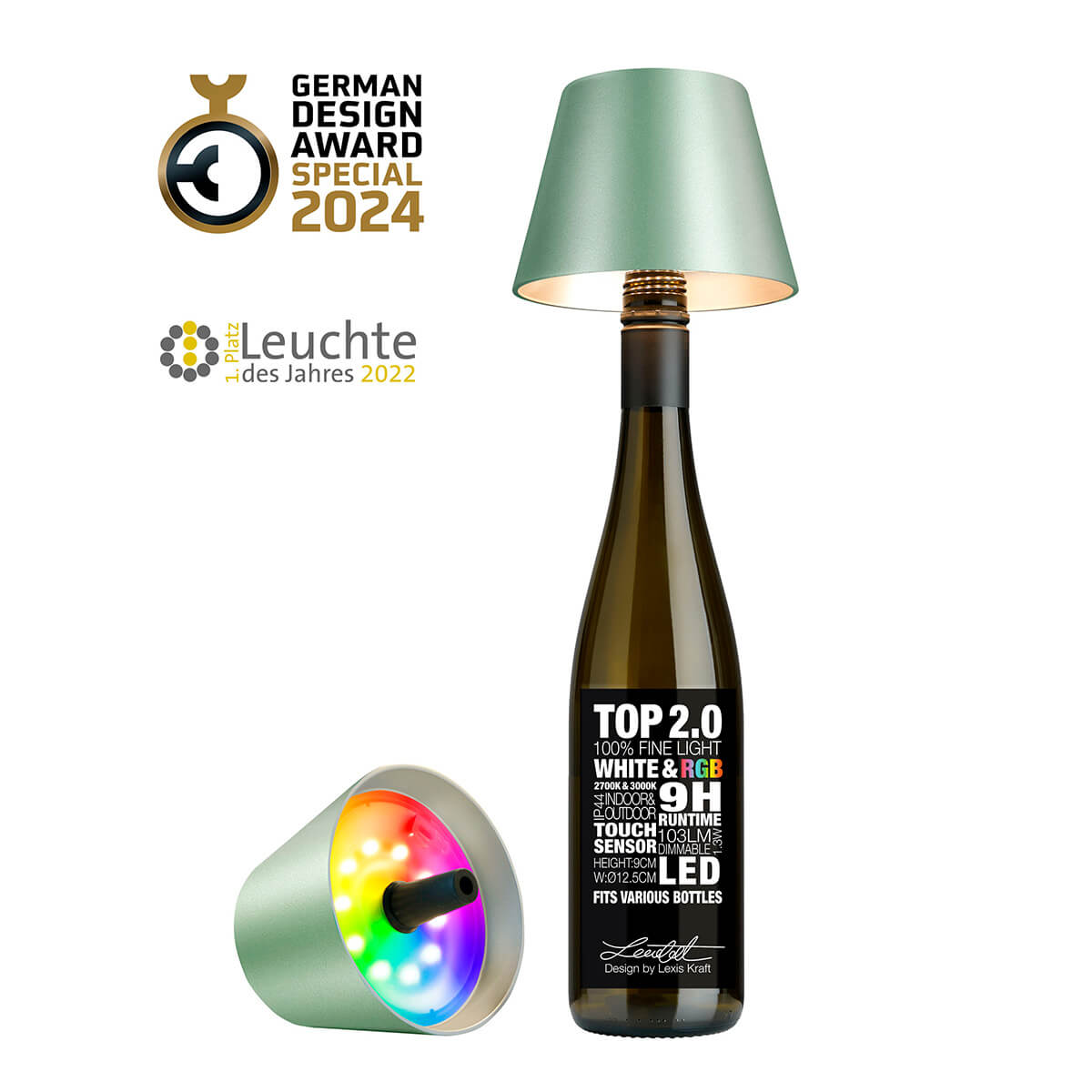 Sompex Top 2.0 RGB LED Akkuleuchte & Flaschenaufsatz, grün metallic (Flasche nicht inbegriffen zu sehen sind zwei Akkuleuchten)
