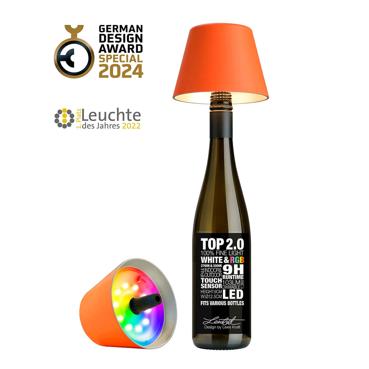 Sompex Top 2.0 RGB LED Akkuleuchte & Flaschenaufsatz, versch. Ausführungen, ausgezeichnet mit den Awards Leuchte des Jahres und German Design Award Special 2024